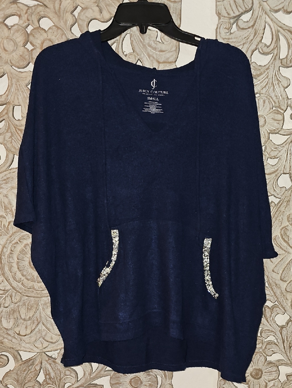 Juicy Couture Navy Hooded Pullover with Sequin Pocket Trim